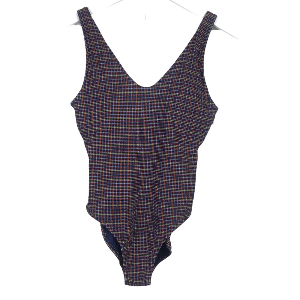 Athleta Seersucker V neck One Piece Swimsuit Women Sz S